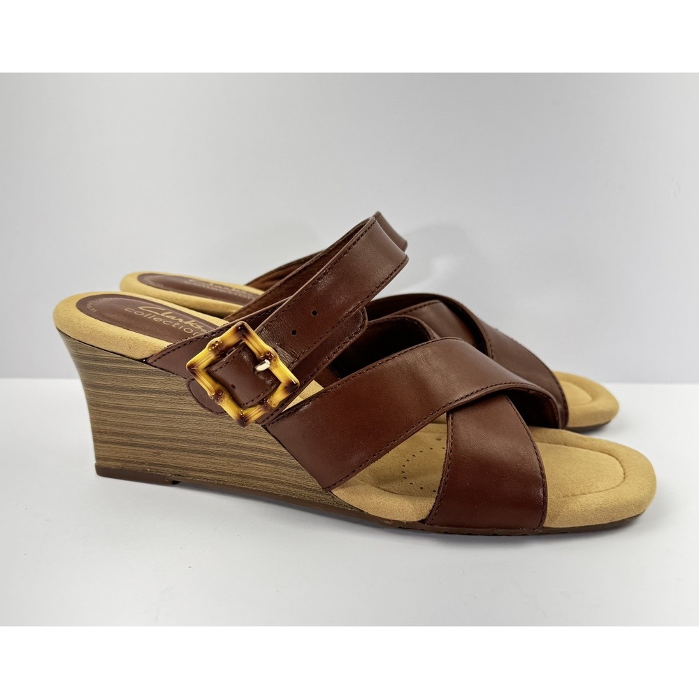 Clarks Womens Kyarra Judi Slip on Comfort Casual Brown Leather Wedge Sandal 8.5M - Picture 3 of 11
